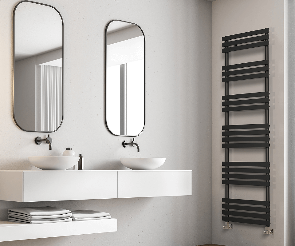 a contemporary bathroom equipped with two sinks and a towel rack