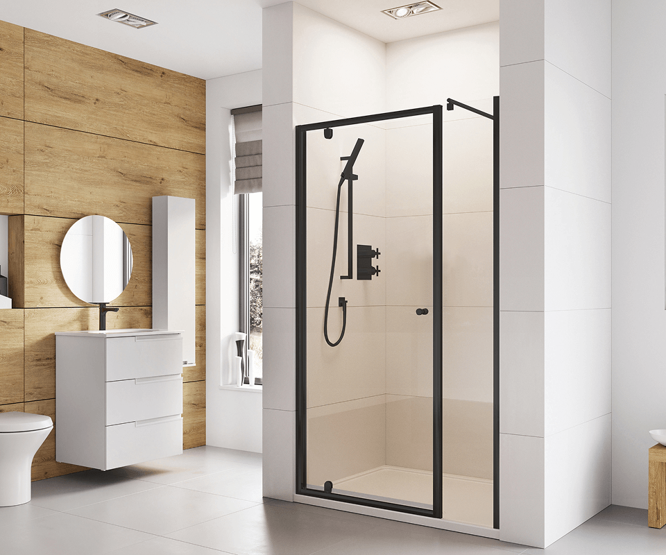 a sleek modern bathroom featuring a glass shower enclosure and a white toilet against a neutral color scheme