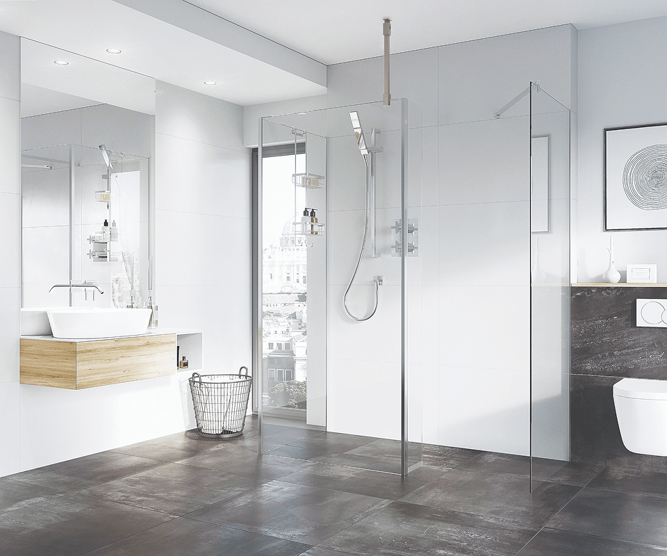 a stylish modern bathroom with a glass shower door