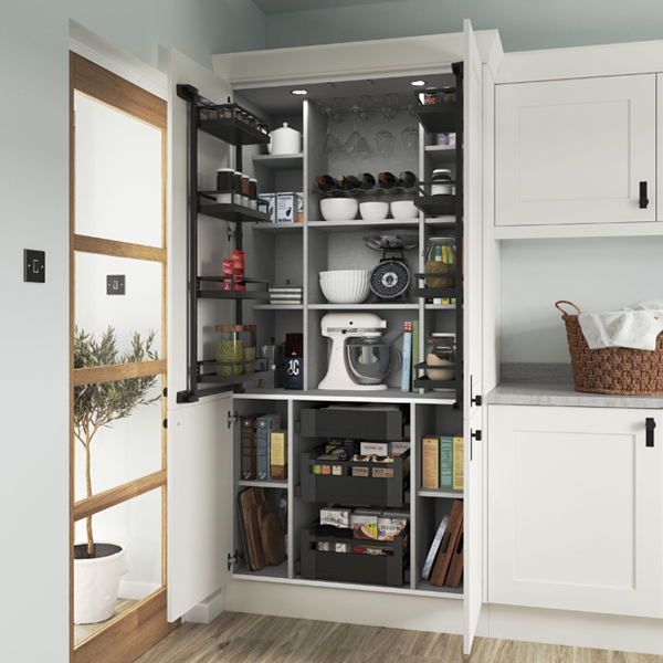 large white double door cupboard filled with cooking utensils