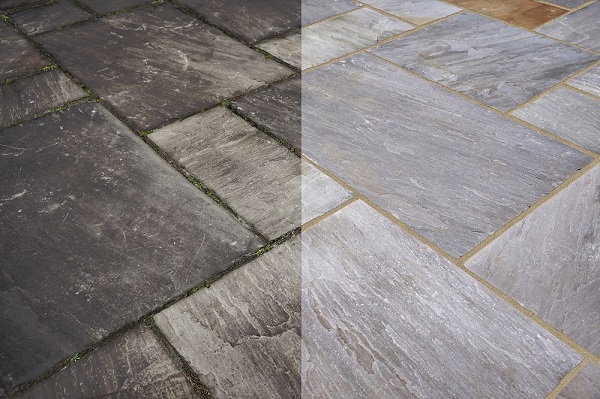 before and after view of what patio sealer can do for porcelain tiles