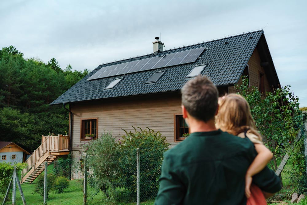 Father holding daughter staring off at house with solar panels on roof