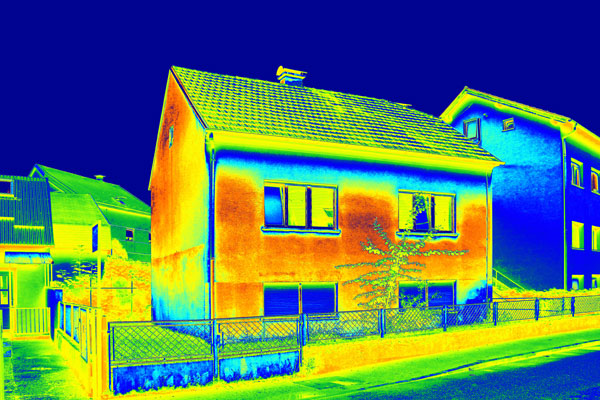 street view of house with thermal filter showing hot and cold spots in the house
