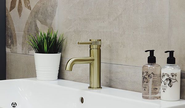 white sink with golden tap cleaning products and plant