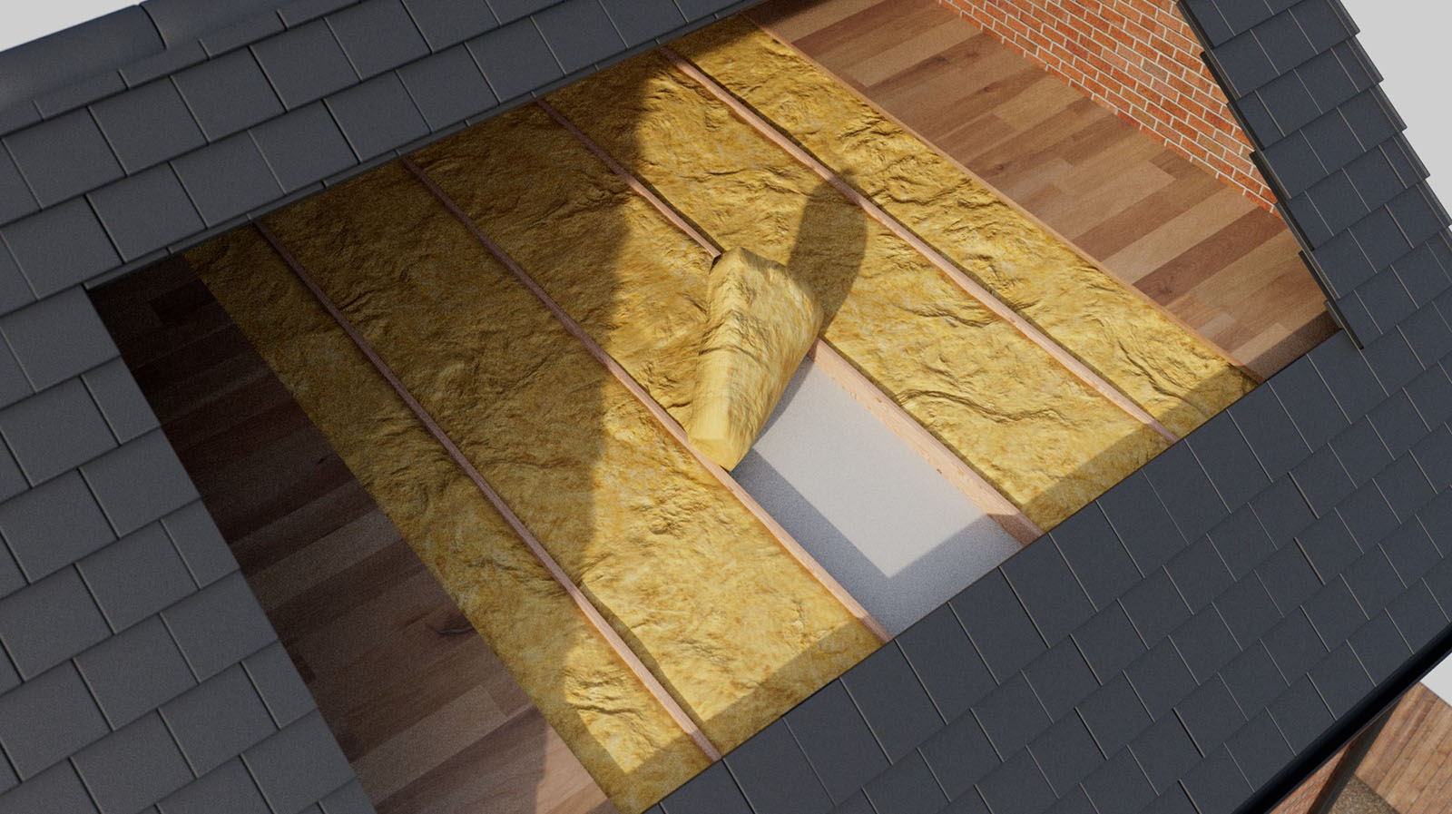 yellow insulation installed into roof