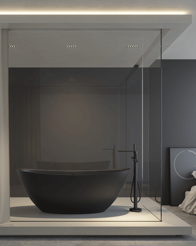 Bathroom with glass box containing matte black bathtub and seperate taps with black walls