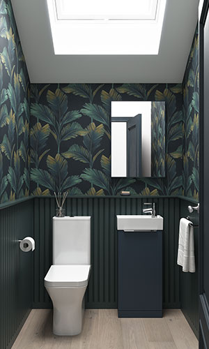 Small shower room with half dark gasoline green walls and plant life wallpaper