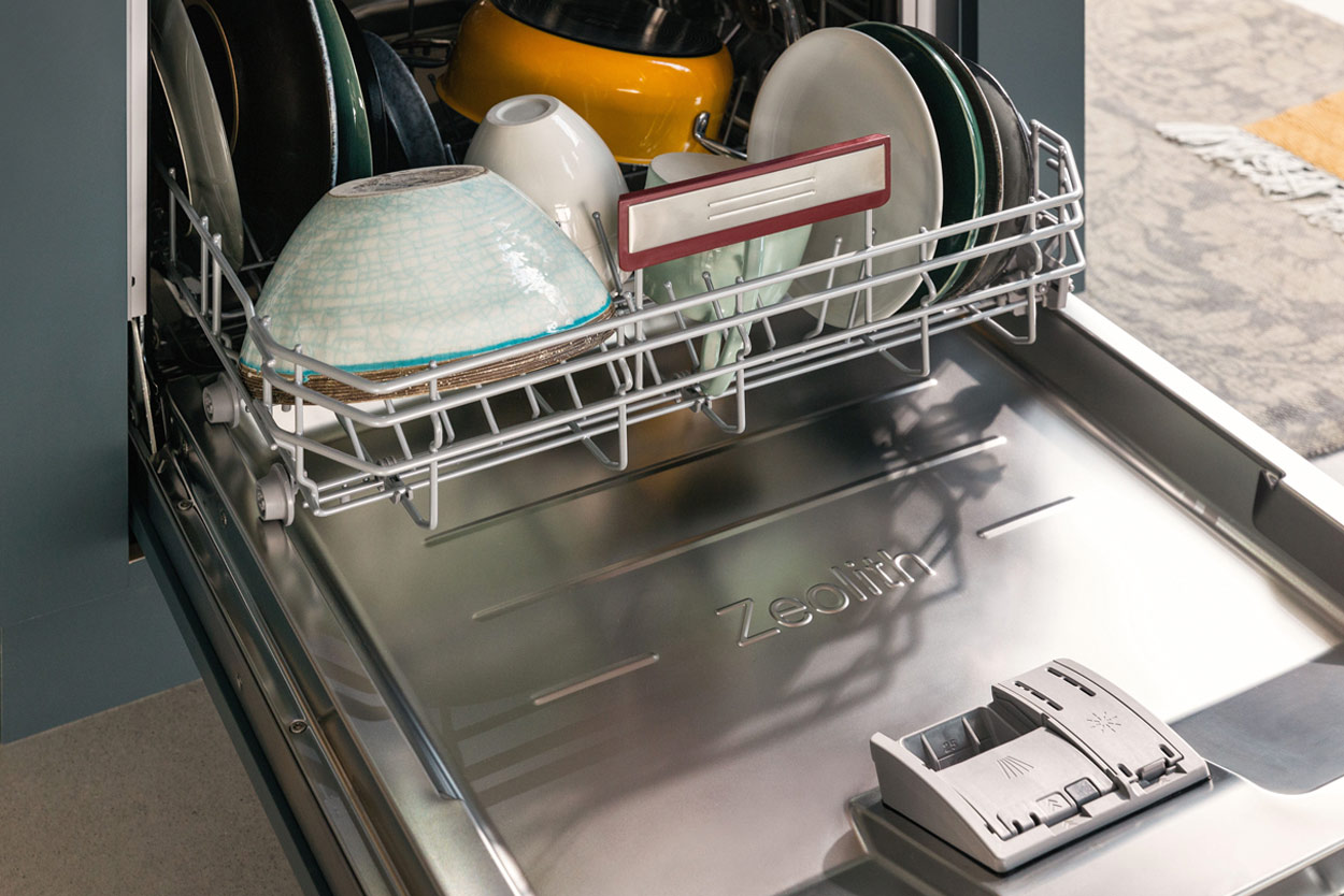 close up view of open dishwasher