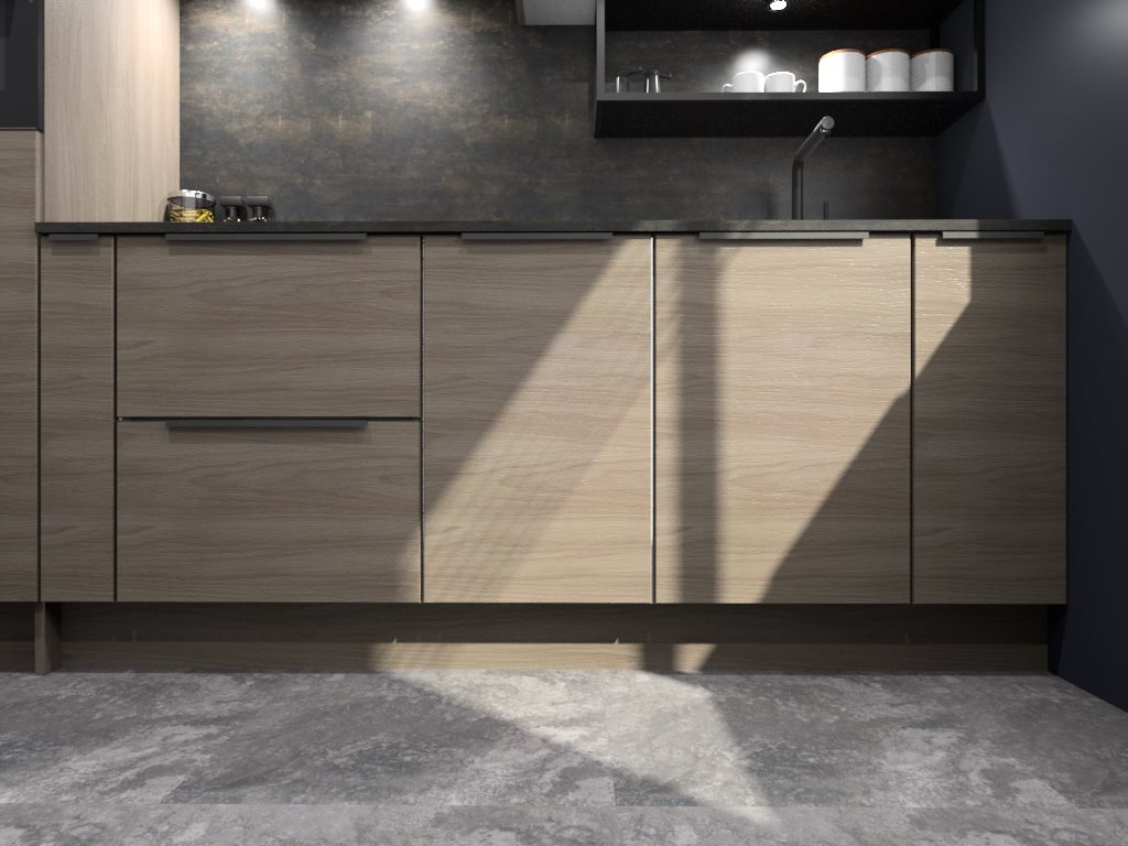 wooden cupboards and drawers with grey floor and walls