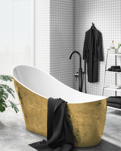 bathroom with golden exterior bath and white interiror with black towel hanging ogg the edge