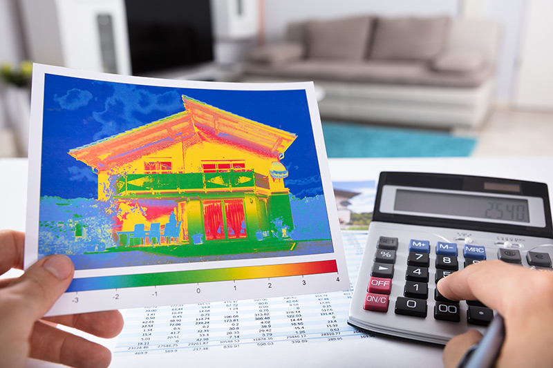 person holding thermal image of house showing heat signatures and using a calculator