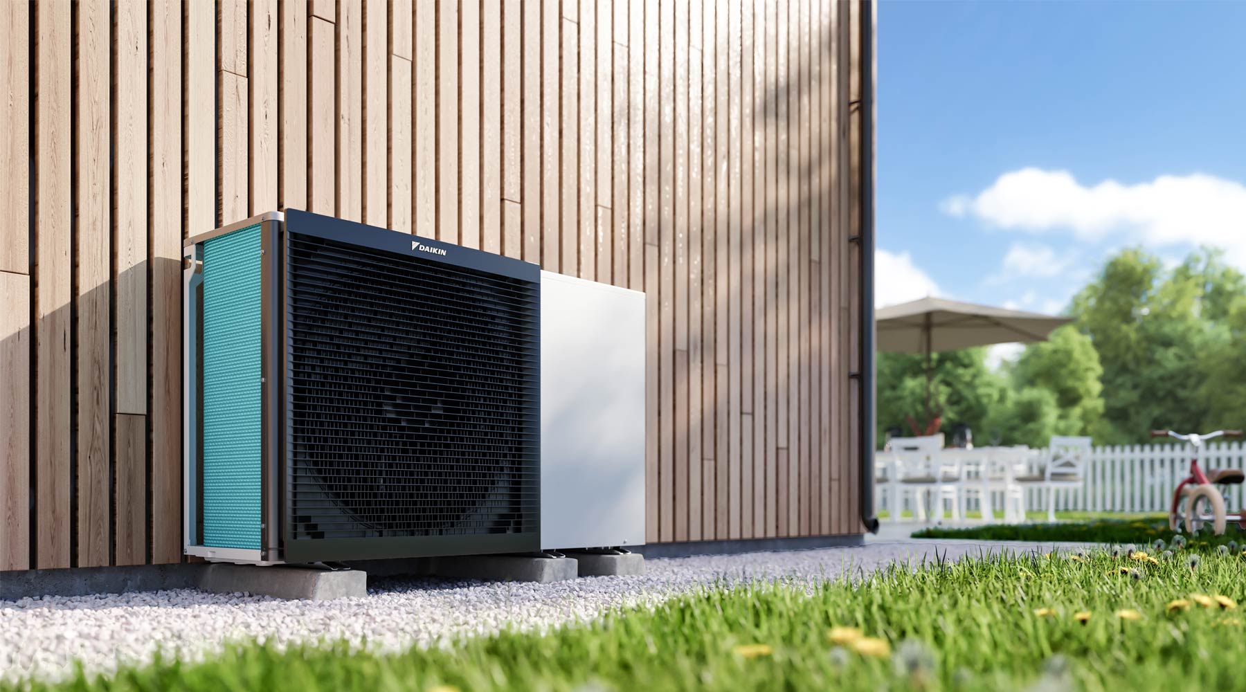 large heating pump fan attached to outside of building